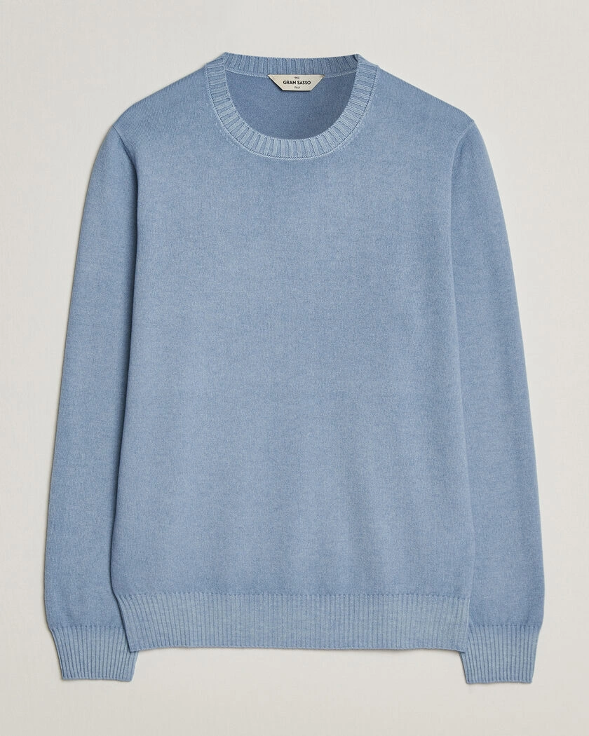 Gran Sasso Wool/Cashmere Washed Crew Neck Blue Melange – Blå