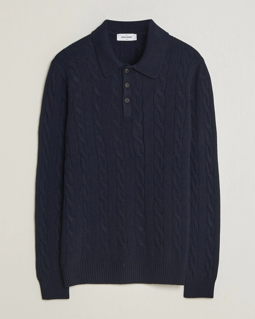  Gran Sasso Wool/Cashmere Cable Polo Navy – Blå