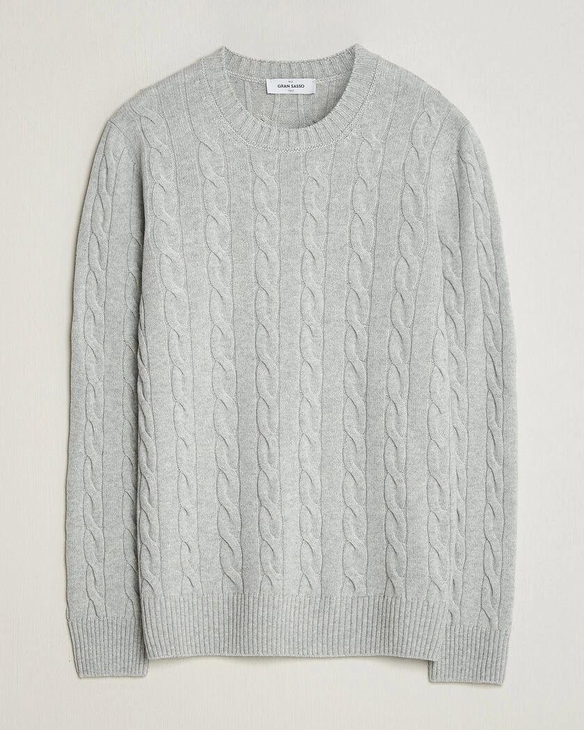 Gran Sasso Wool/Cashmere Cable Crew Neck Light Grey Melange – Grå