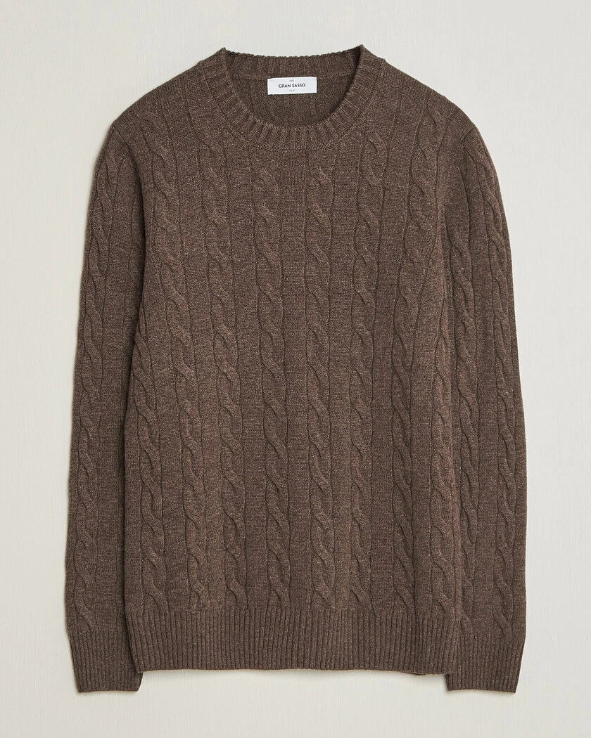 Gran Sasso Wool/Cashmere Cable Crew Neck Dark Brown Melange – Brun