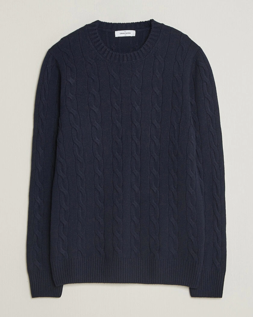 Gran Sasso Wool/Cashmere Cable Crew Neck Navy – Blå