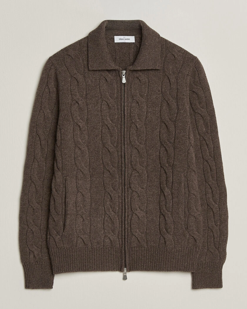 Gran Sasso Wool/Cashmere Cable Full Zip Dark Brown Melange – Brun