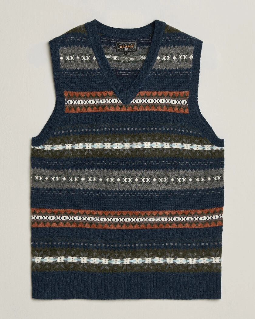 BEAMS PLUS Fair Isle Knit Vest Navy – Blå