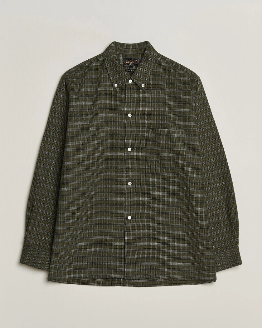 BEAMS PLUS Dobby Plaid Button Down Shirt Dark Green – Grön