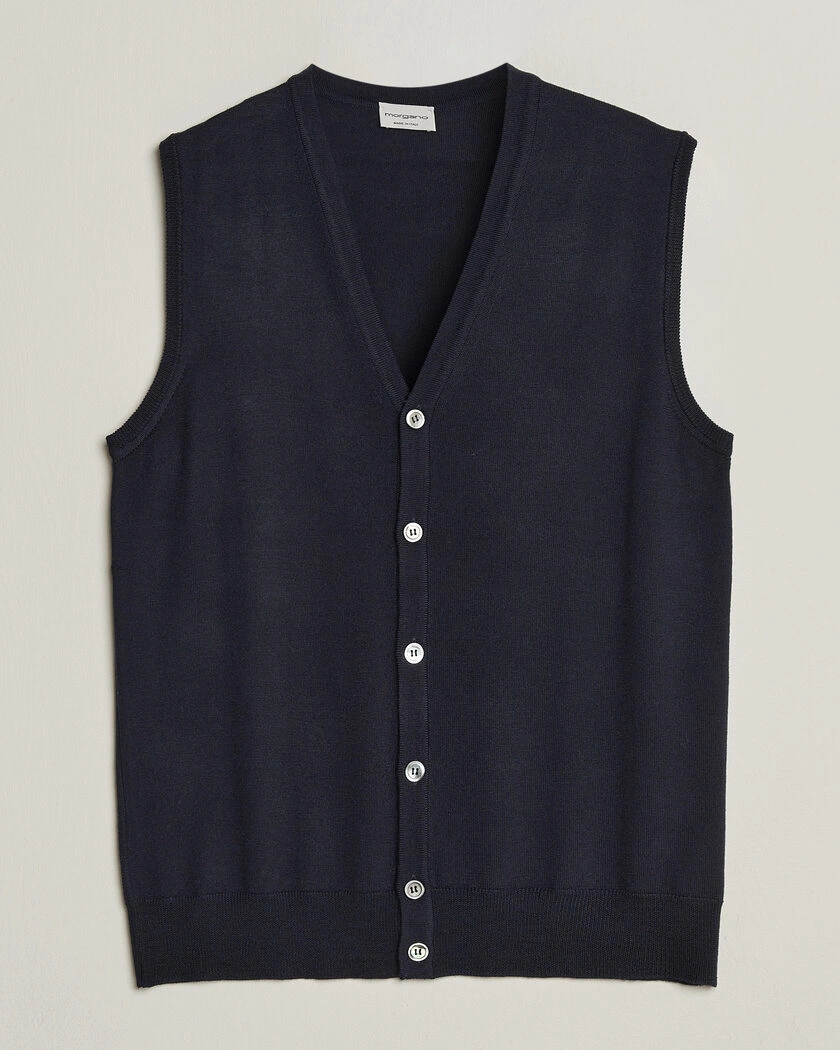 Morgano Extra Fine Merino Wool Sleevles Cardigan Vest Navy – Blå