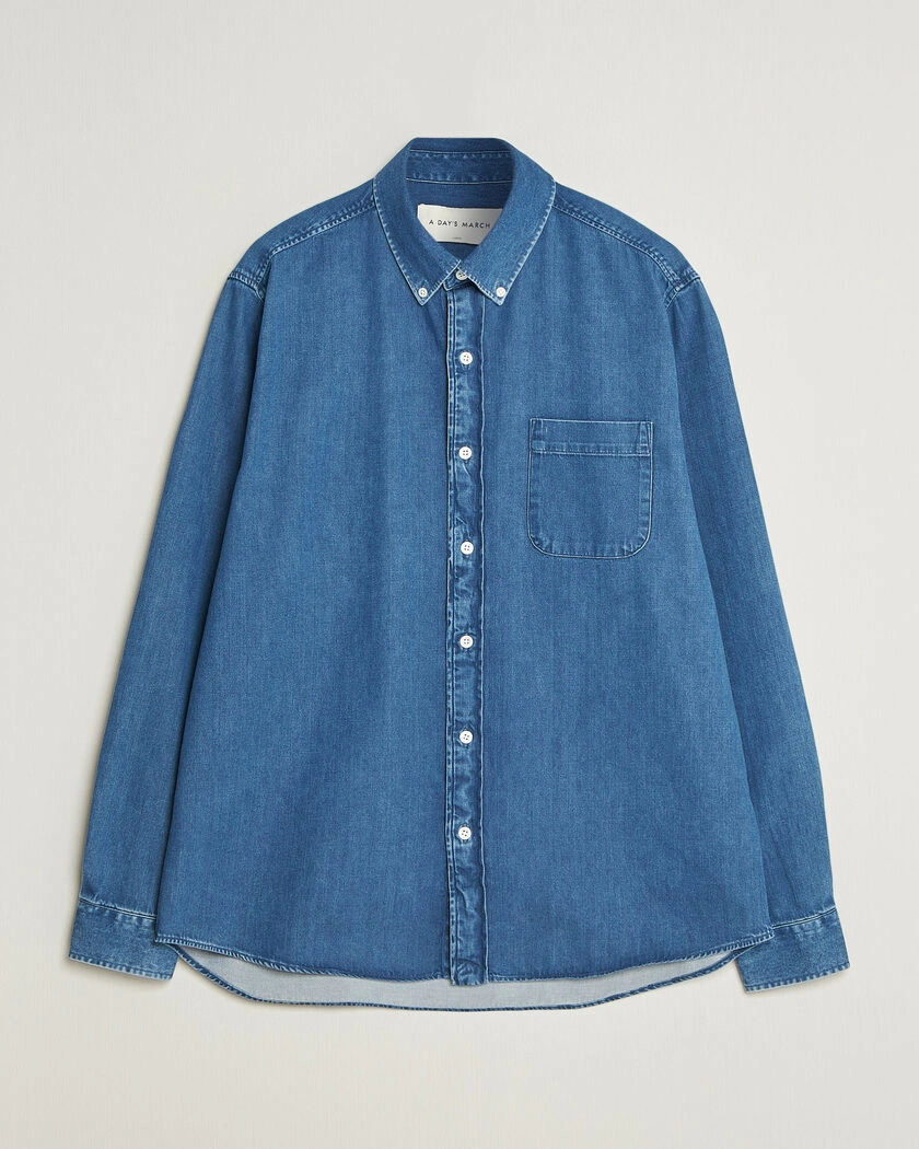 A Day's March Original Button Down Denim Shirt Mid Blue – Blå
