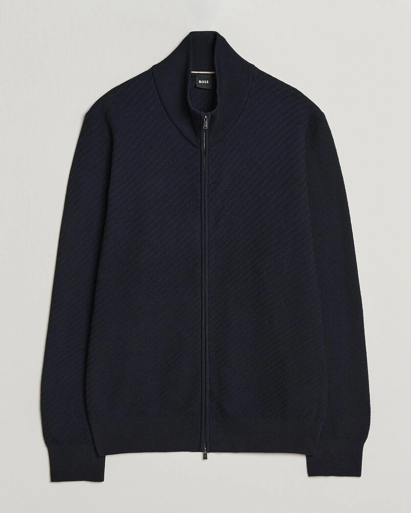  BOSS BLACK Loretti Cotton Knitted Full Zip Dark Blue – Blå