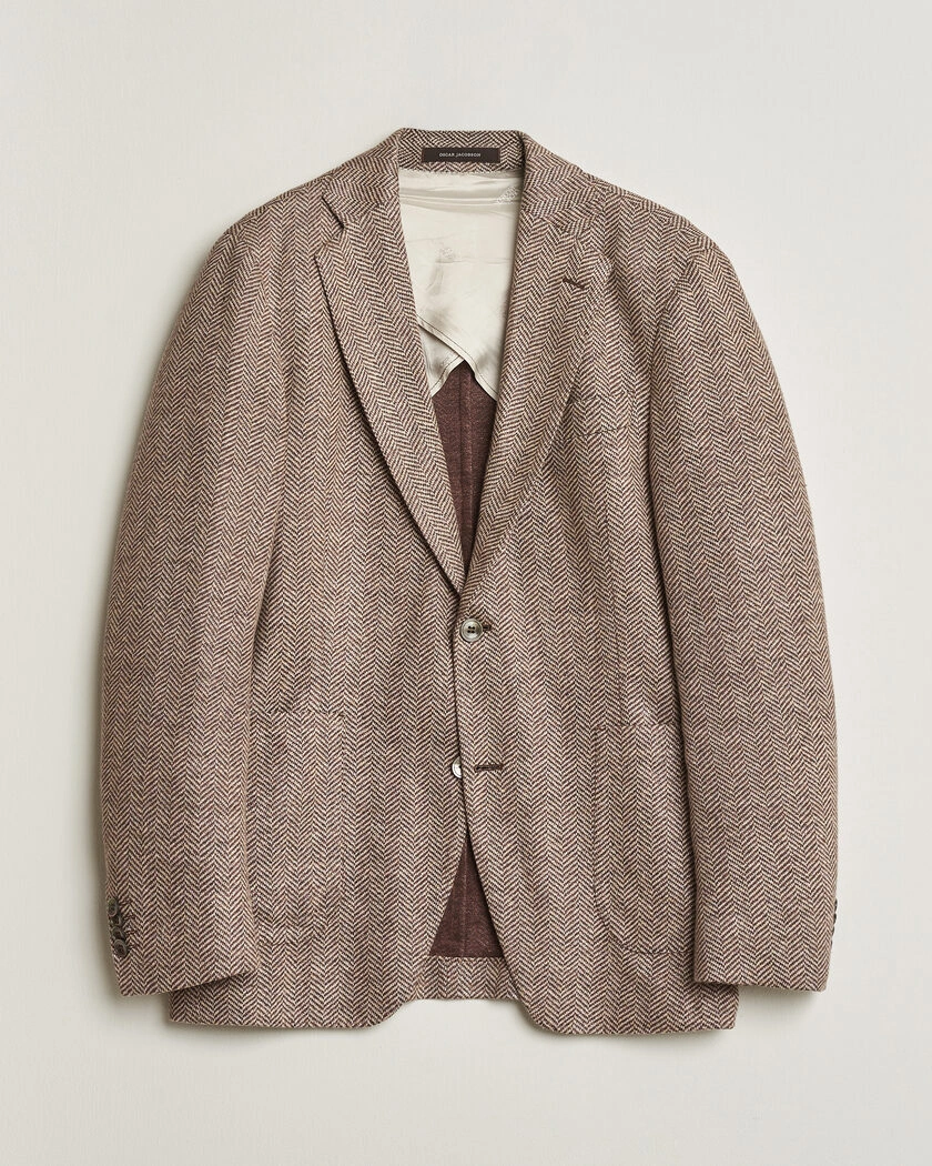 Pre-owned Oscar Jacobson Egel Patch Herringbone Linen Blazer Brown 50 – Brun