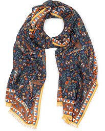  Wool/Silk Birds and Flowers Printed Scarf Navy