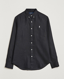  Slim Fit Linen Button Down Shirt Polo Black