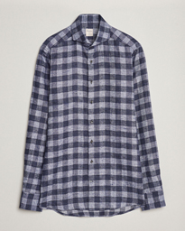  Slimline Checked Linen Flannel Shirt Blue