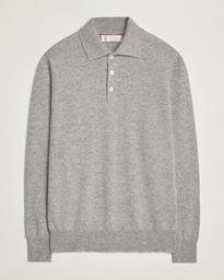  2 Ply Cashmere Long Sleeve Polo Grey Melange