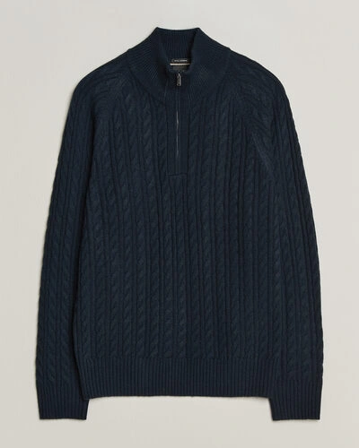 BOSS BLACK Furore Wool/Cashmere Cable Half Zip Dark Blue