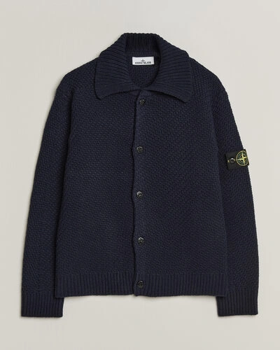 Stone Island Basket Stitch Lambswool Cardigan Navy Blue