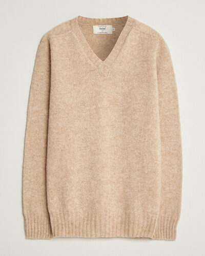 Harley of Scotland for Care of Carl Brushed Supersoft Lambswool V-Neck Beige