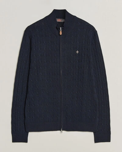 Morris Merino Cable Zip Cardigan Navy