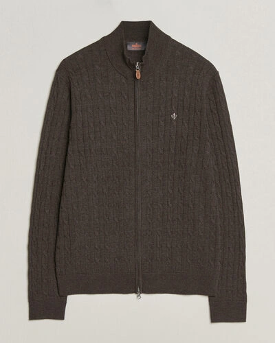 Morris Merino Cable Zip Cardigan Brown
