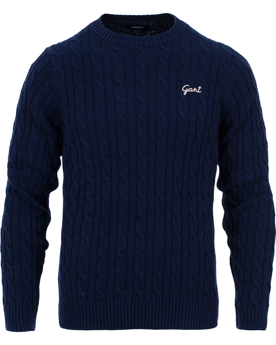 Herr | Tröjor | GANT | Natural Cable Cotton Crew Neck Dark Cobalt Blue