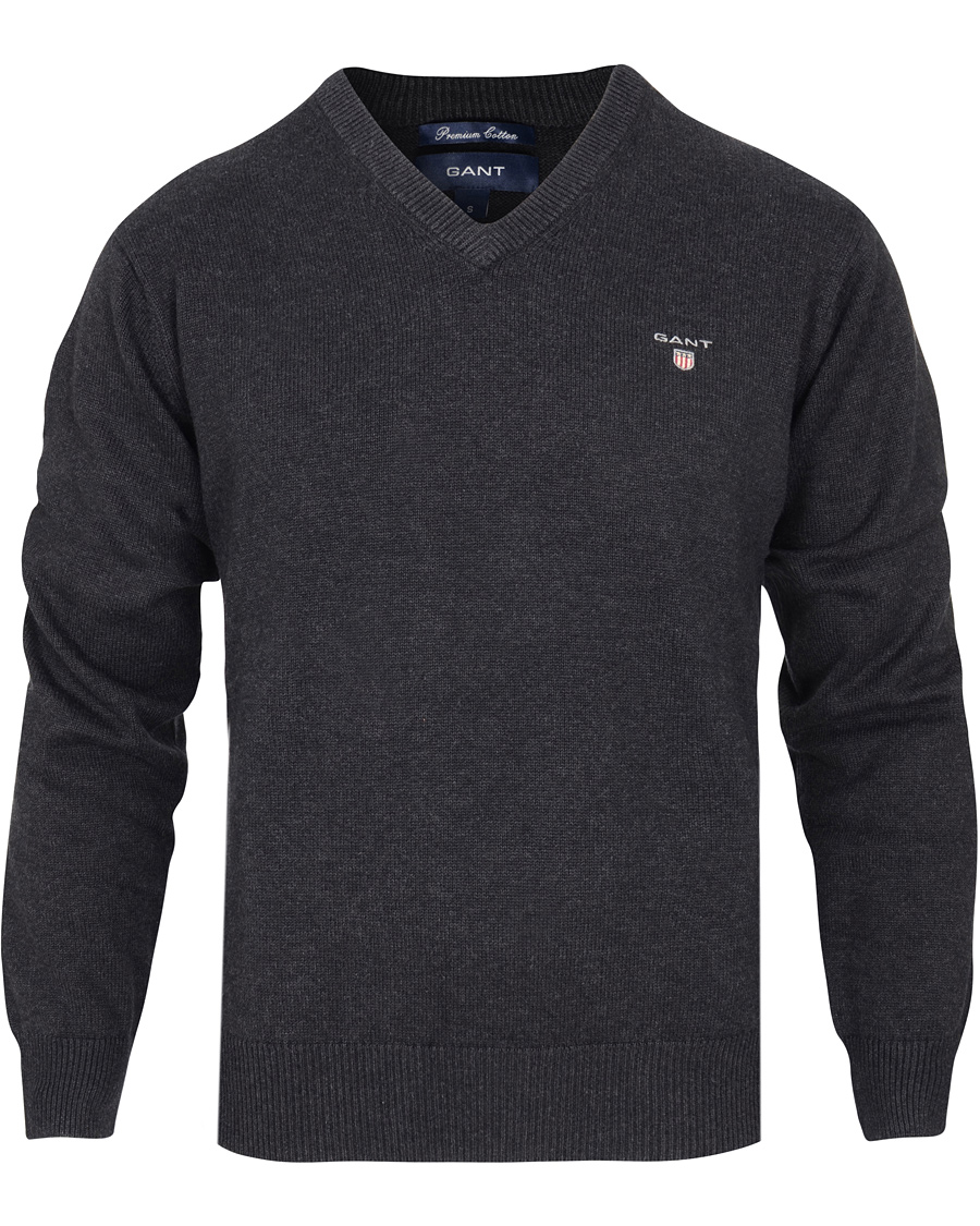Herr | Tröjor | GANT | Solid Cotton V-neck Dark Charcoal Melange