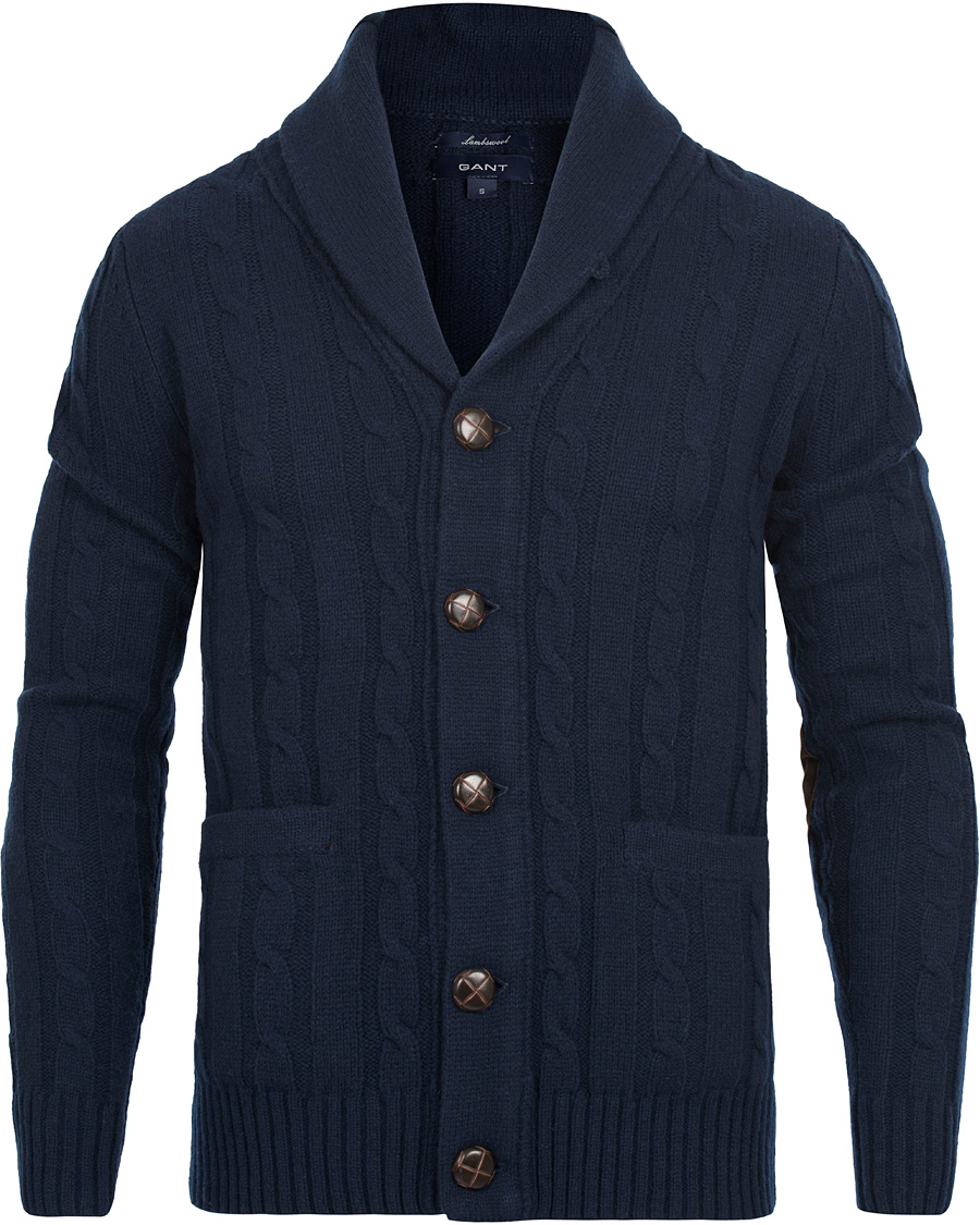 Herr | Tröjor | GANT | Lambswool Shawl Cable Cardigan Evening Blue