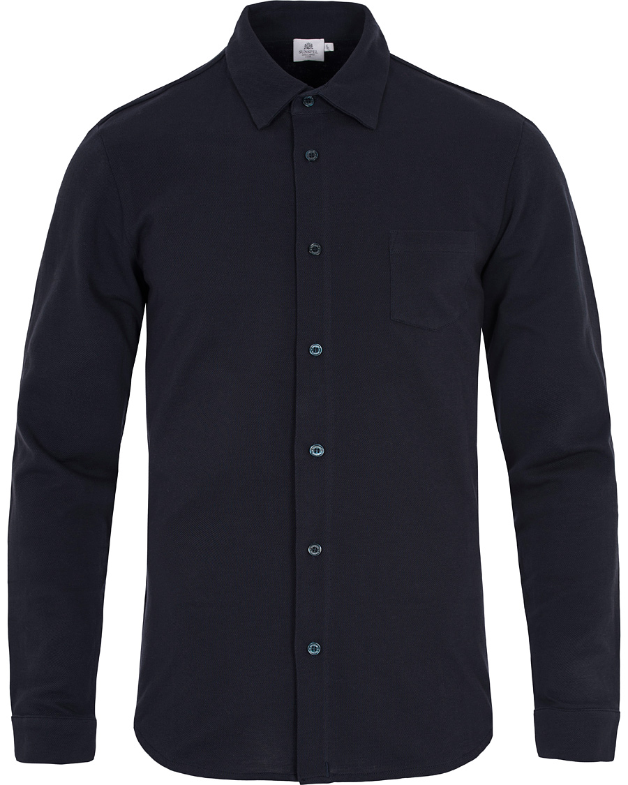 Herr | Skjortor | Sunspel | Long Sleeve Pique Shirt Navy