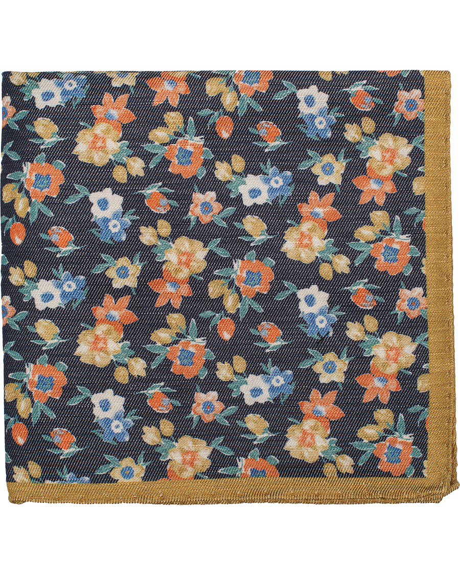 Herr | Oscar Jacobson Printed Flower Linen/Silk Pocket Square Blue | Oscar Jacobson | Printed Flower Linen/Silk Pocket Square Blue