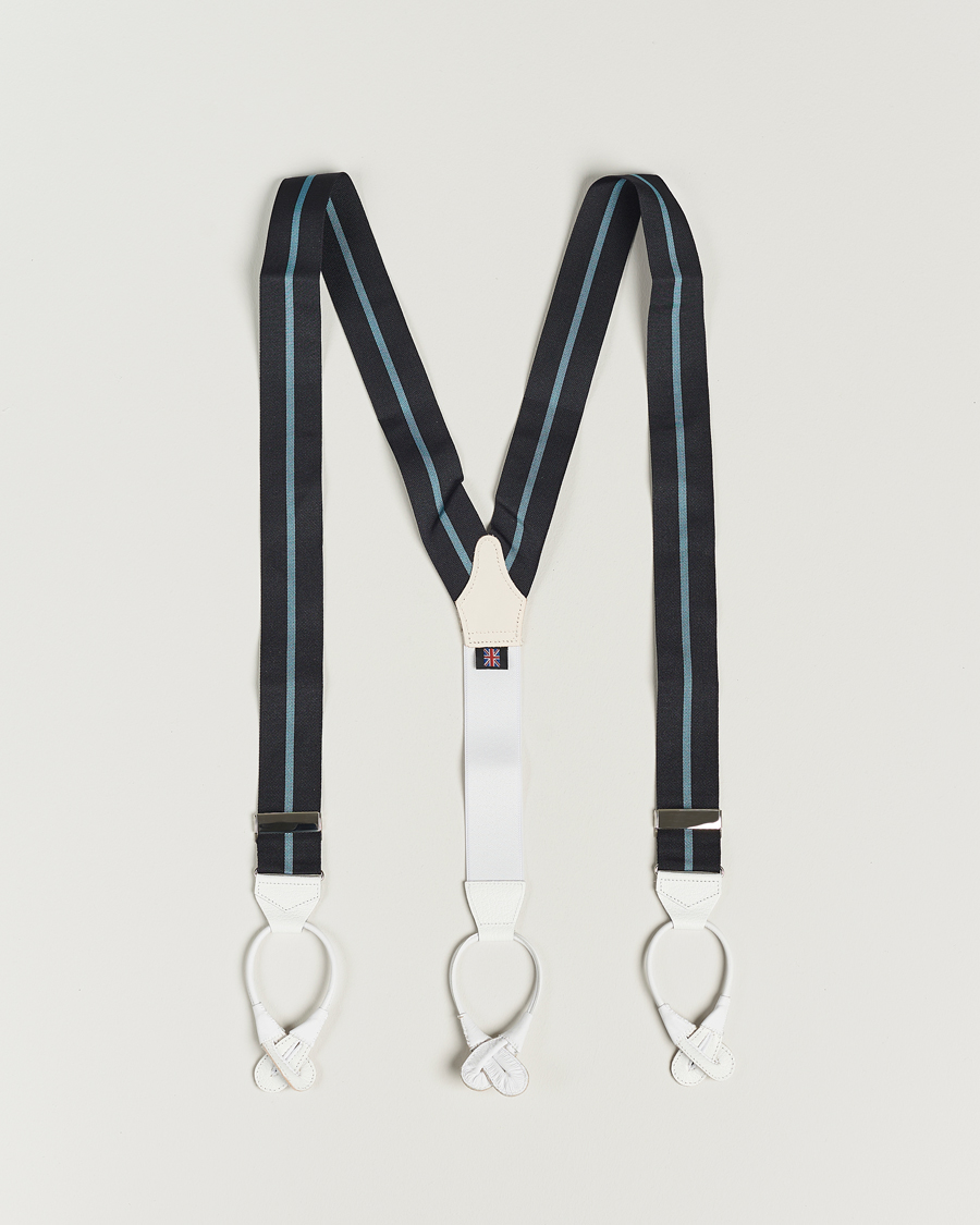 Herr | Albert Thurston Thin Stripe Braces 40mm Black/Sky | Albert Thurston | Thin Stripe Braces 40mm Black/Sky
