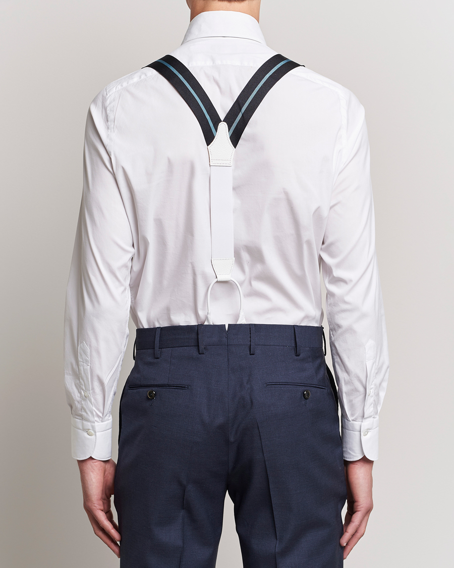 Herr | Albert Thurston Thin Stripe Braces 40mm Black/Sky | Albert Thurston | Thin Stripe Braces 40mm Black/Sky