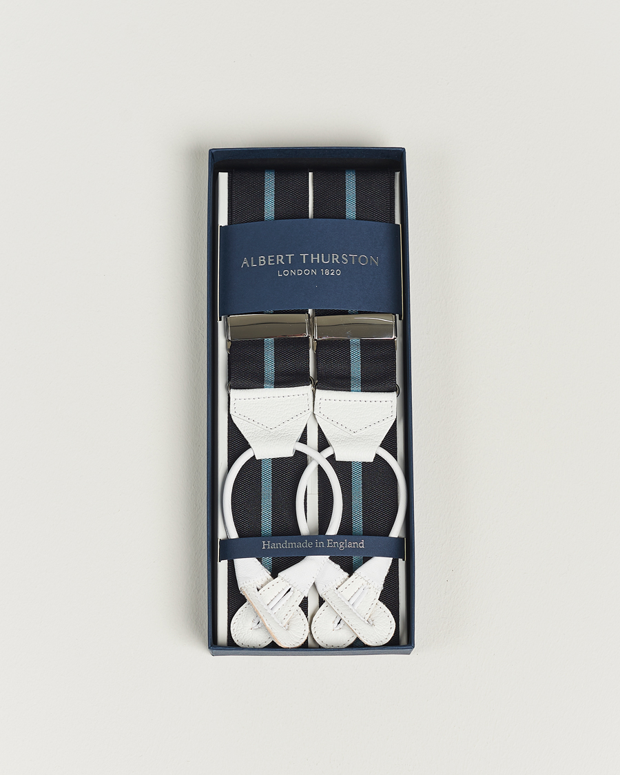 Herr | Albert Thurston Thin Stripe Braces 40mm Black/Sky | Albert Thurston | Thin Stripe Braces 40mm Black/Sky