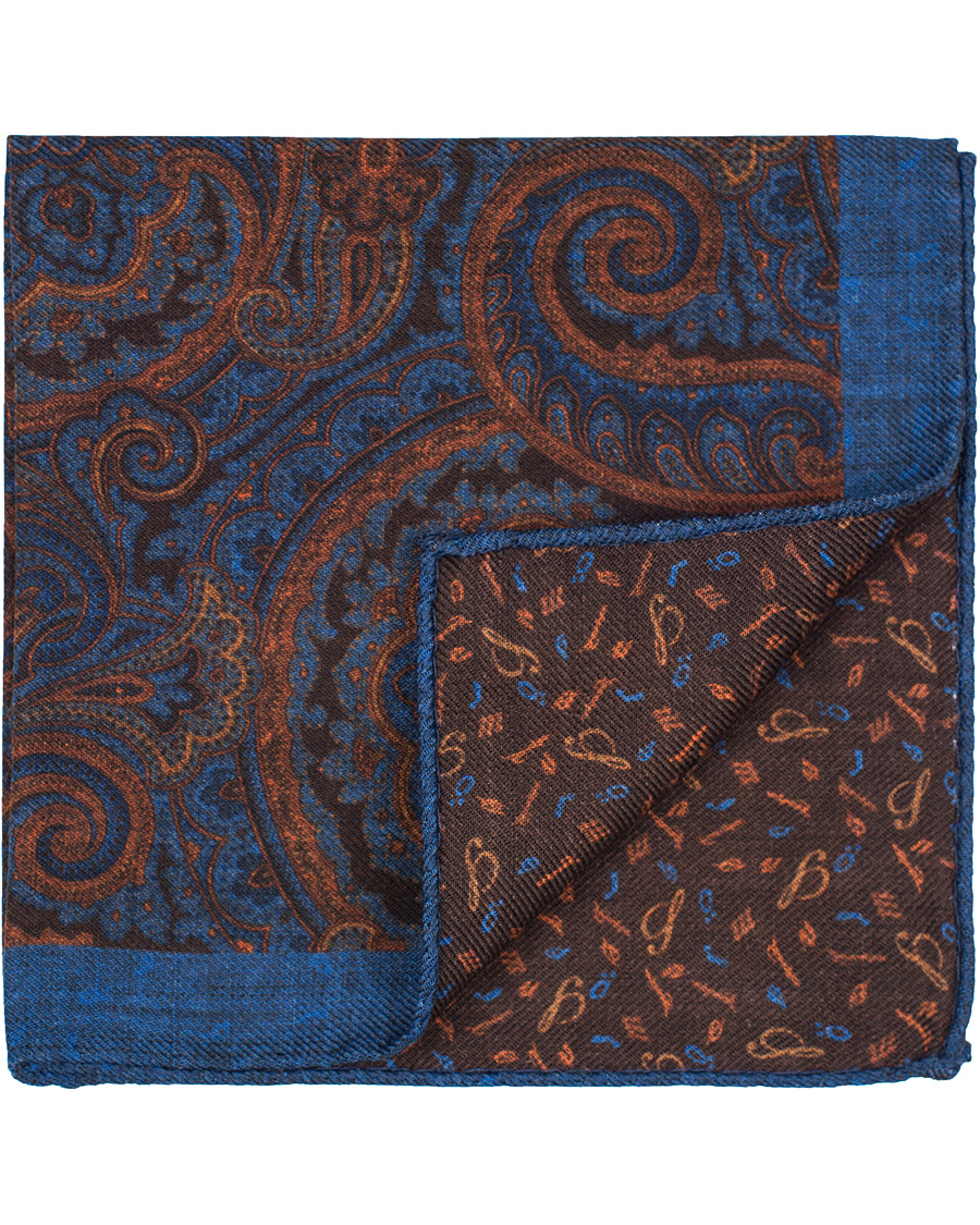 Herr | Stenströms Doublefaced Paisley Wool Pocket Square Blue/Brown | Stenströms | Doublefaced Paisley Wool Pocket Square Blue/Brown