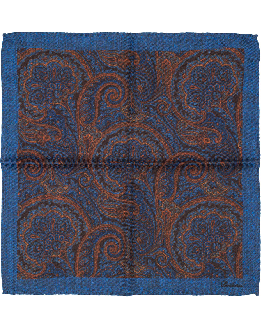 Herr | Stenströms Doublefaced Paisley Wool Pocket Square Blue/Brown | Stenströms | Doublefaced Paisley Wool Pocket Square Blue/Brown