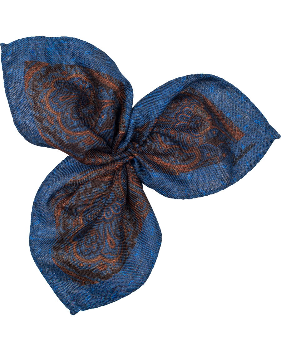 Herr | Stenströms Doublefaced Paisley Wool Pocket Square Blue/Brown | Stenströms | Doublefaced Paisley Wool Pocket Square Blue/Brown