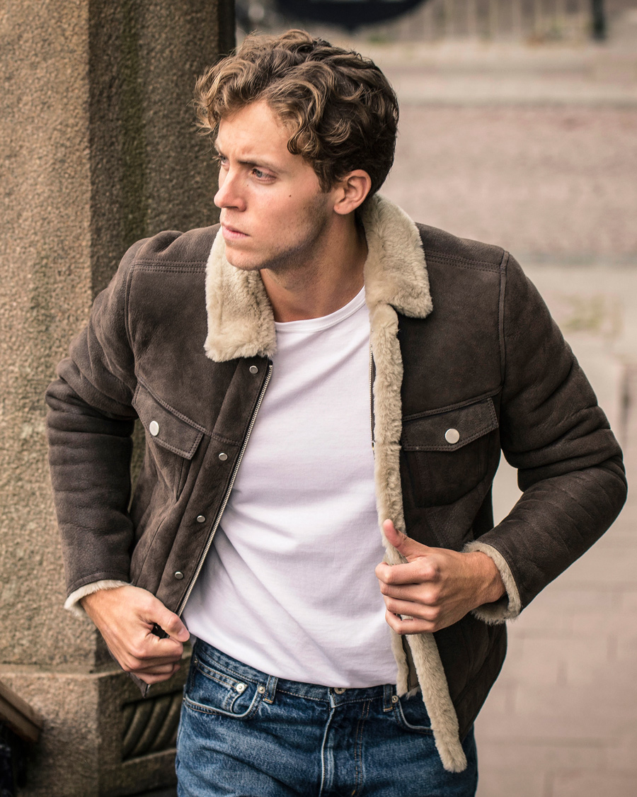Herr | Jackor | J.Lindeberg | Redster Mud Shearling Suede Jacket Mud Brown