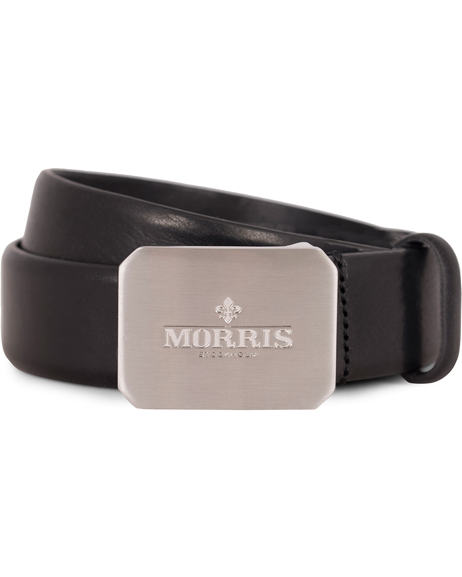 Herr | Morris Plated Logo Leather 3,5 cm Belt Black | Morris | Plated Logo Leather 3,5 cm Belt Black