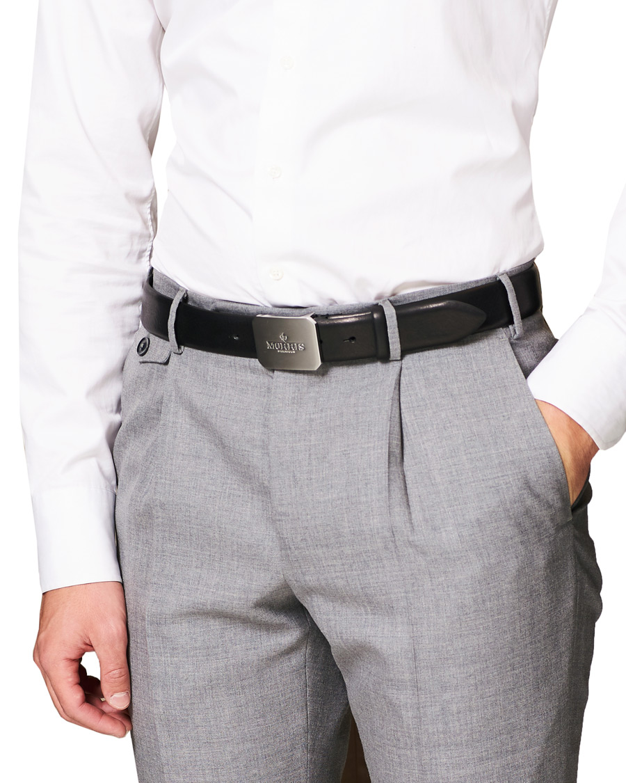 Herr | Morris Plated Logo Leather 3,5 cm Belt Black | Morris | Plated Logo Leather 3,5 cm Belt Black