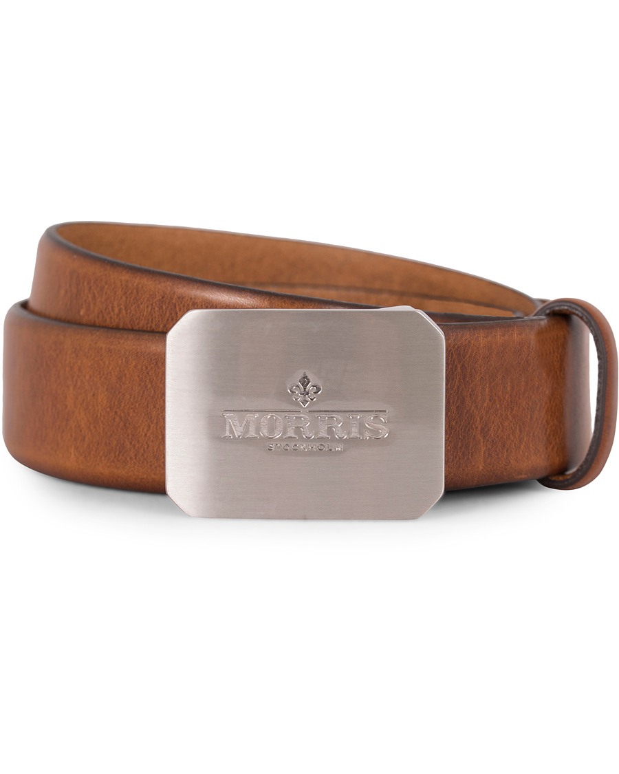 Herr | Morris Plated Logo Leather 3,5 cm Belt Mid Brown | Morris | Plated Logo Leather 3,5 cm Belt Mid Brown