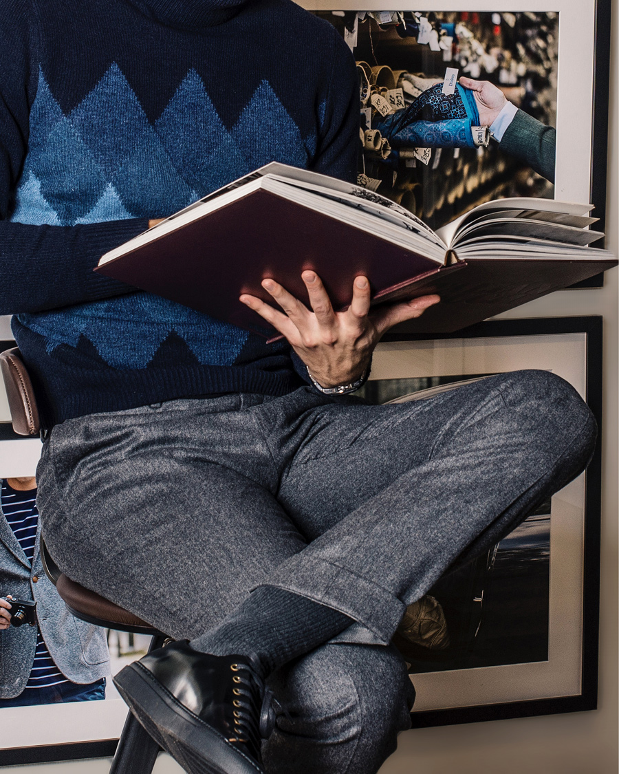 Herr | Byxor | Oscar Jacobson | Dean Turn Up Flannel Trousers Dark Grey