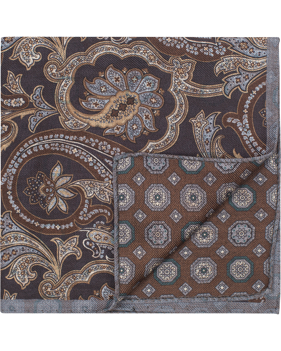 Herr | Oscar Jacobson Twofaced Paisley/Medallion Pocket Square Brown/Blue | Oscar Jacobson | Twofaced Paisley/Medallion Pocket Square Brown/Blue