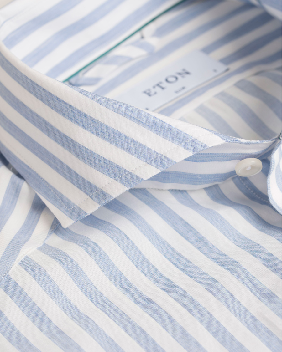 Herr | Skjortor | Eton | Slim Fit Green Ribbon Flannel Stripe Shirt Blue/White