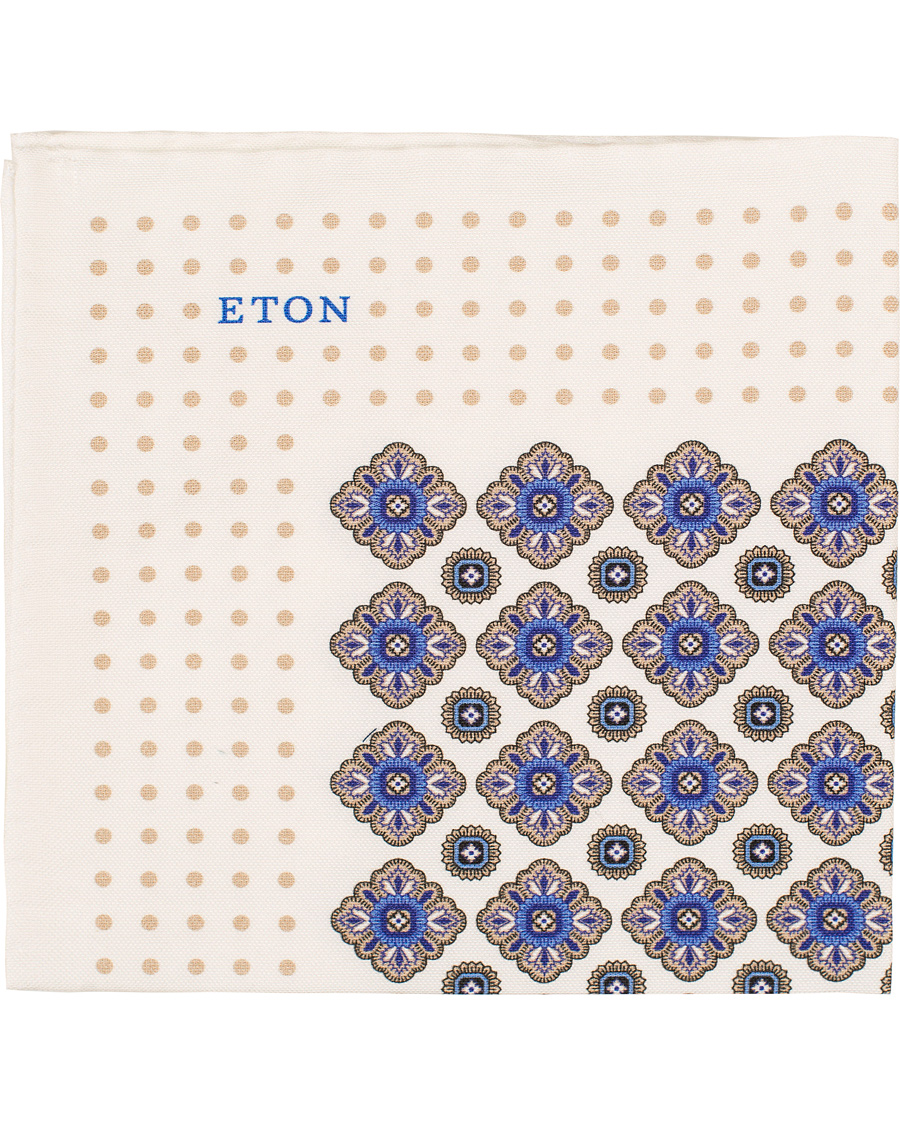 Herr | Eton Cotton/Silk Printed Medallion Pocket Square White | Eton | Cotton/Silk Printed Medallion Pocket Square White