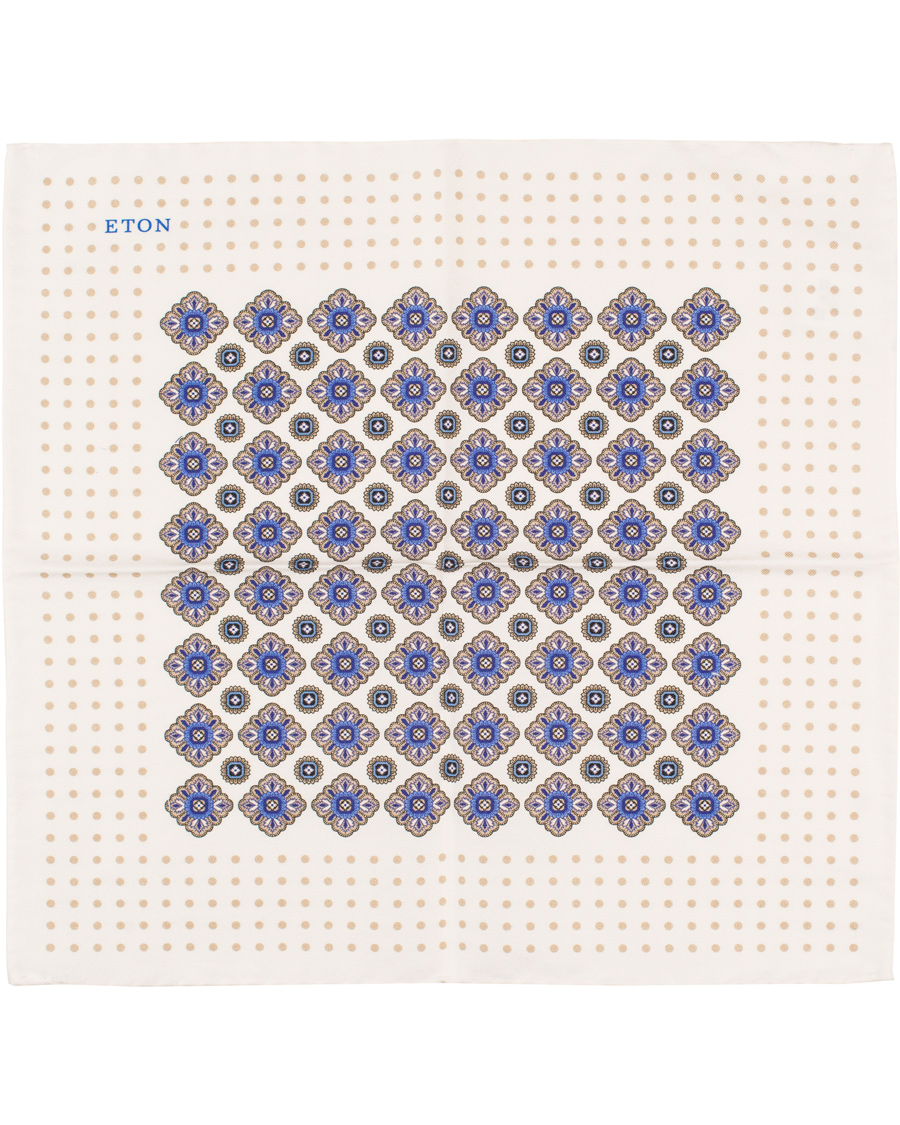 Herr | Eton Cotton/Silk Printed Medallion Pocket Square White | Eton | Cotton/Silk Printed Medallion Pocket Square White