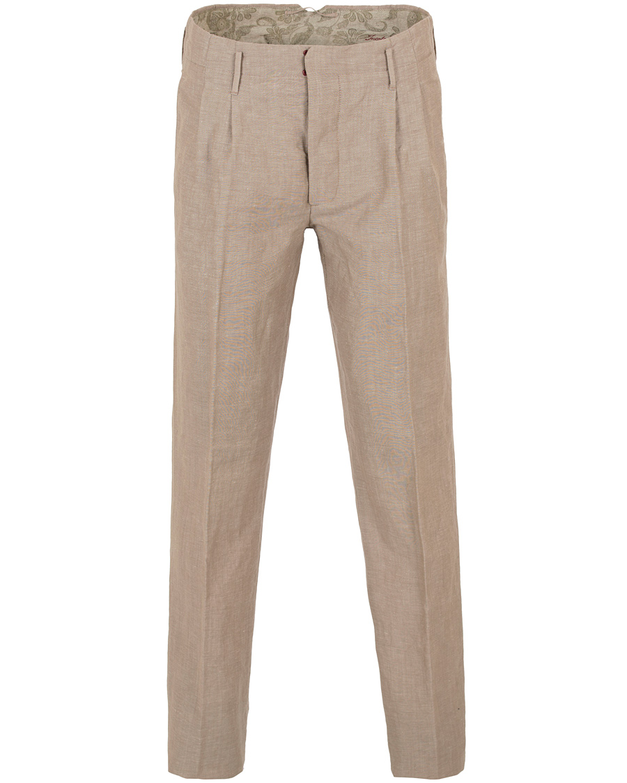 Herr | Byxor | Incotex | Loose Fit Double Pleated Linen Pant Light Brown