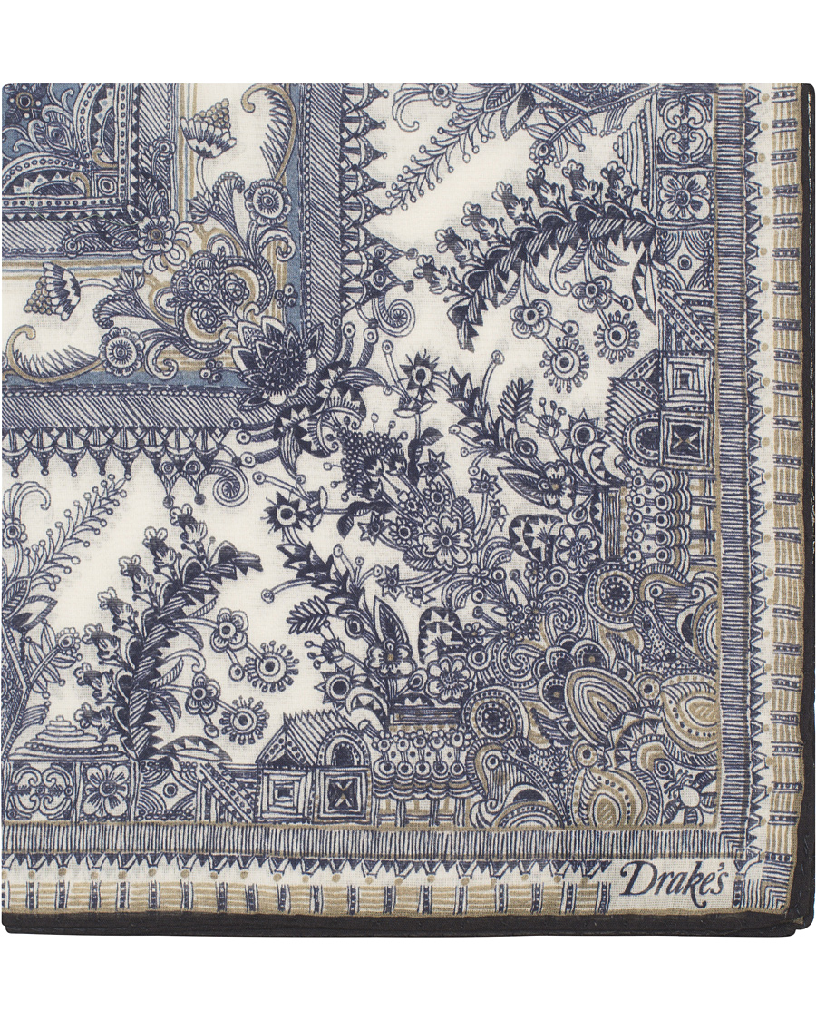 Herr | Drake's Cotton/Silk Oriental Gardens Printed Pocket Square Navy | Drake's | Cotton/Silk Oriental Gardens Printed Pocket Square Navy