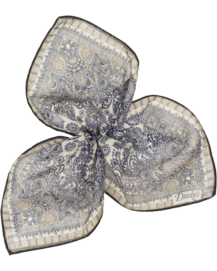 Herr | Drake's Cotton/Silk Oriental Gardens Printed Pocket Square Navy | Drake's | Cotton/Silk Oriental Gardens Printed Pocket Square Navy
