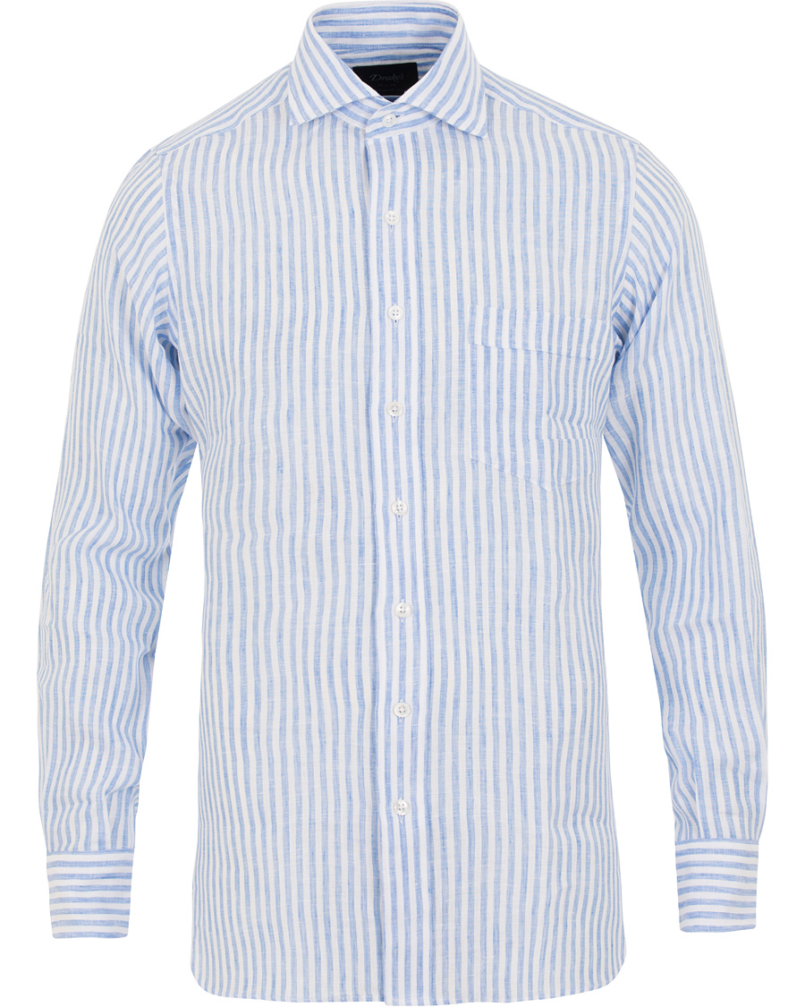 Herr | Skjortor | Drake's | Regular Fit Linen Stripe Shirt White/Blue