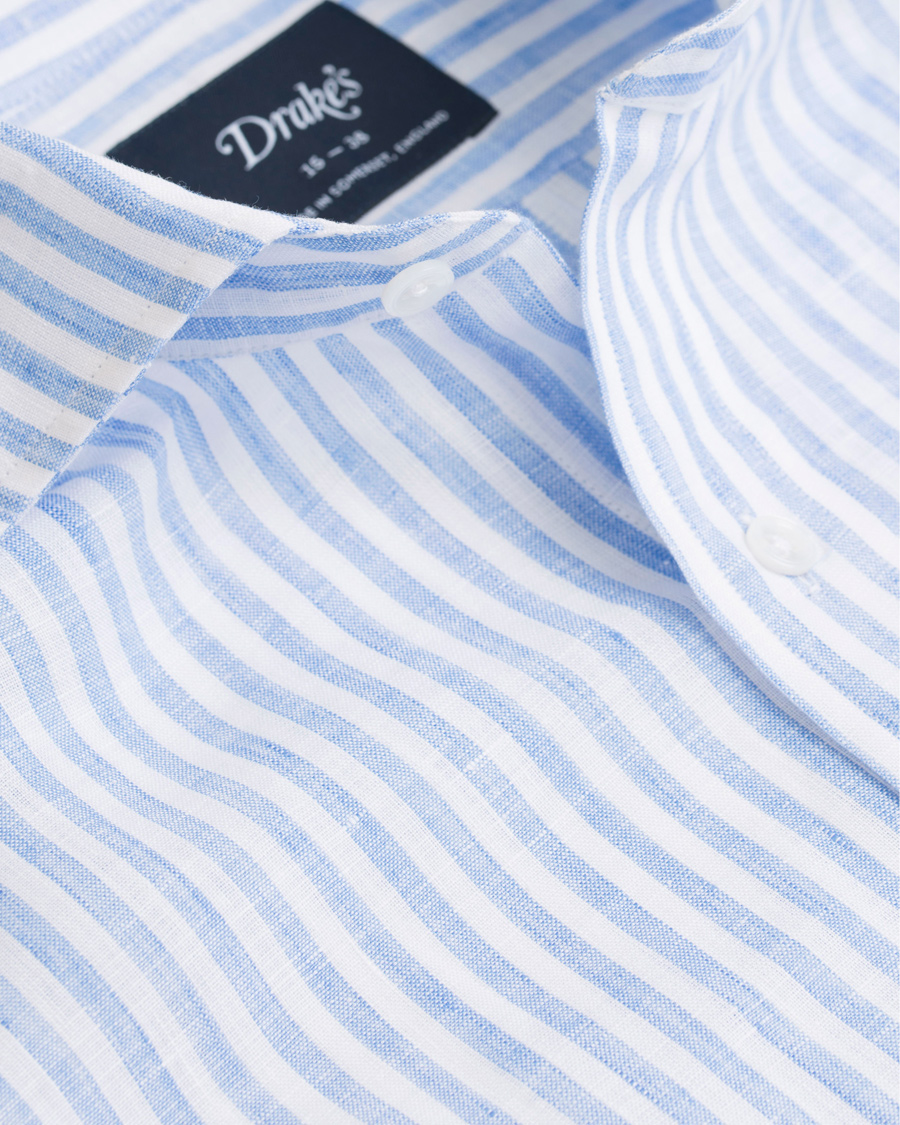 Herr | Skjortor | Drake's | Regular Fit Linen Stripe Shirt White/Blue