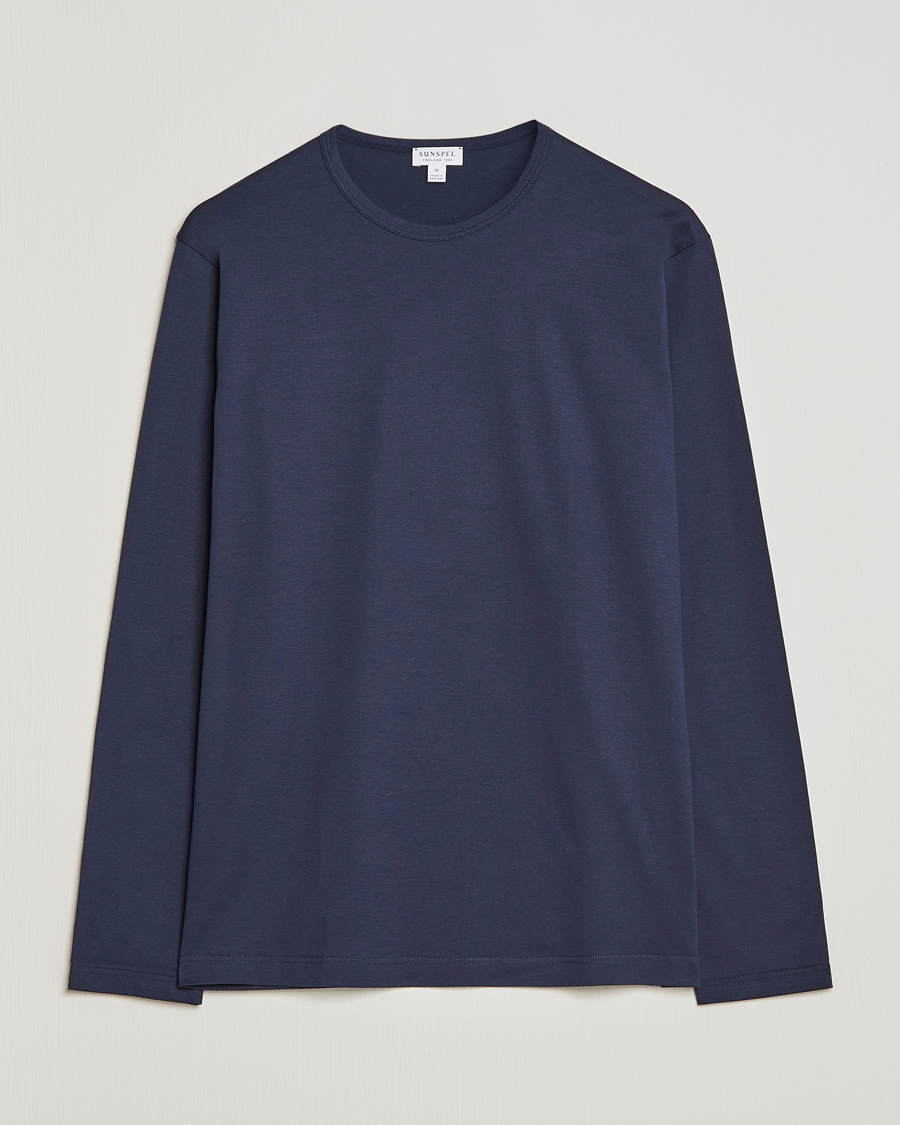 Herr | T-Shirts | Sunspel | Long Sleeve Crew Neck Cotton Tee Navy