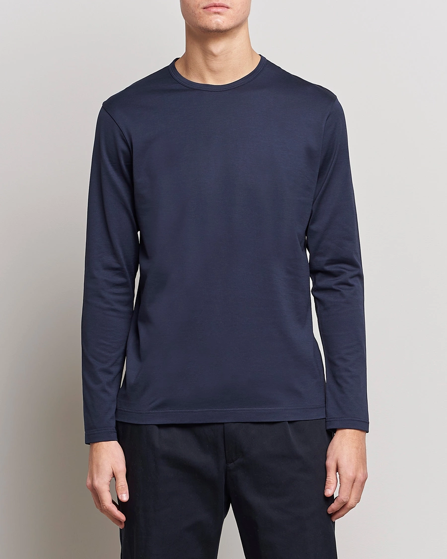 Herr | Loungewear | Sunspel | Long Sleeve Crew Neck Cotton Tee Navy