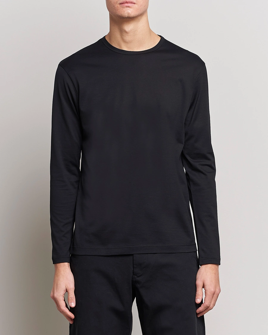 Herr | Loungewear | Sunspel | Long Sleeve Crew Neck Cotton Tee Black