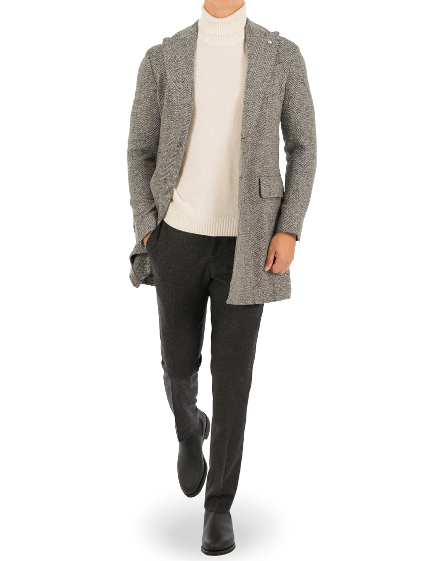 Herr | Jackor | L.B.M. 1911 | Wool Herringbone Peak Lapel Coat Light Grey
